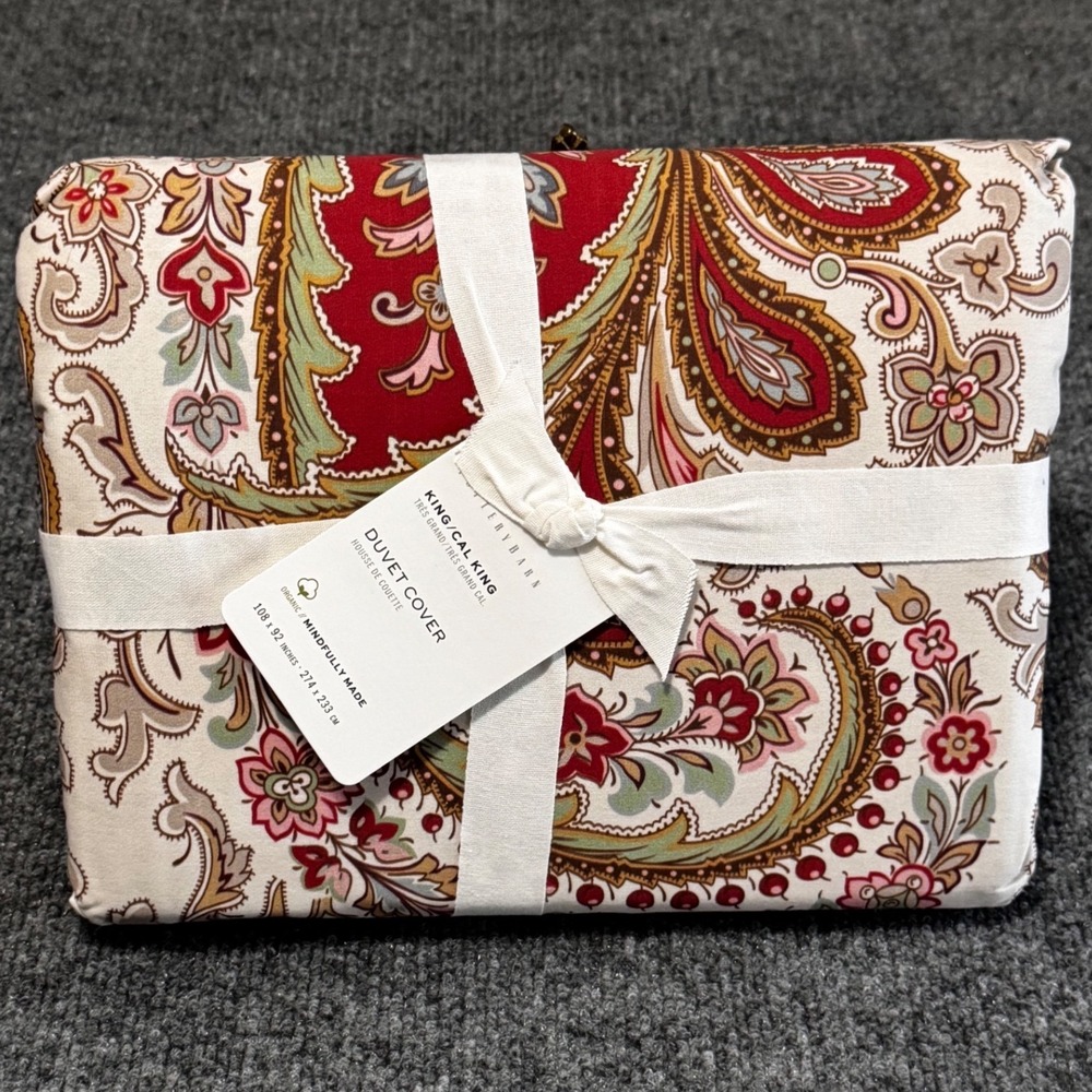 Pottery Barn Organic Cotton Paisley Duvet Cover King Cal King Red Green Tan NEW